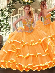 Fine Orange Lace Up 15th Birthday Dress Beading and Ruffled Layers Sleeveless Floor Length
