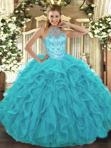 Dynamic Aqua Blue Ball Gowns Halter Top Sleeveless Organza Floor Length Lace Up Beading and Embroidery and Ruffles Sweet 16 Dresses