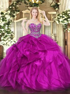 Spectacular Fuchsia Organza Lace Up Quince Ball Gowns Sleeveless Floor Length Beading and Ruffles
