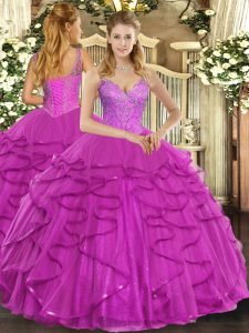 Fantastic Sleeveless Floor Length Beading and Ruffles Lace Up Sweet 16 Dress with Fuchsia
