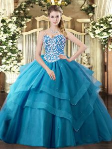 Traditional Beading and Ruffled Layers Quinceanera Gowns Teal Lace Up Sleeveless Floor Length