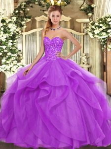  Lilac Ball Gowns Tulle Sweetheart Sleeveless Beading and Ruffles Floor Length Lace Up 15 Quinceanera Dress