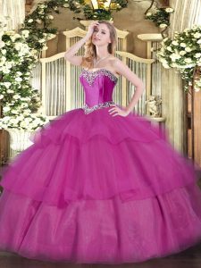 Fuchsia Ball Gowns Beading and Ruffled Layers Vestidos de Quinceanera Lace Up Tulle Sleeveless Floor Length