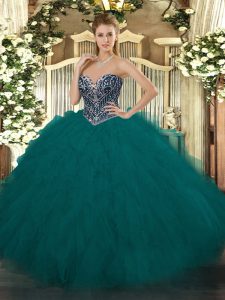 Custom Design Teal Lace Up Quinceanera Gown Beading and Ruffles Sleeveless Floor Length