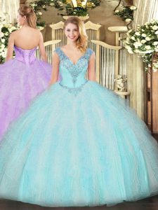 Custom Design Aqua Blue Sweet 16 Dress Military Ball and Sweet 16 and Quinceanera with Ruffles V-neck Sleeveless Lace Up
