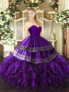 Flare Purple Ball Gowns Embroidery and Ruffles Ball Gown Prom Dress Zipper Organza and Taffeta Sleeveless Floor Length