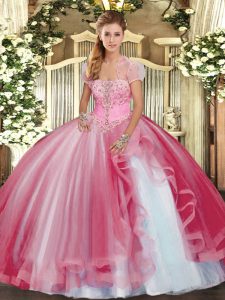 Modest Strapless Sleeveless Tulle Sweet 16 Quinceanera Dress Beading and Ruffles Lace Up