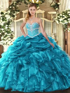 Chic Floor Length Teal Sweet 16 Quinceanera Dress Organza Sleeveless Beading and Ruffles and Pick Ups