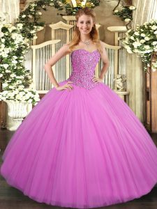 High Quality Lilac Ball Gowns Sweetheart Sleeveless Tulle Floor Length Lace Up Beading Ball Gown Prom Dress