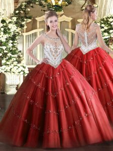  Red Sleeveless Tulle Zipper Sweet 16 Dress for Military Ball and Sweet 16 and Quinceanera