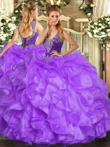  Sleeveless Floor Length Beading and Ruffles Lace Up Quinceanera Gown with Lavender