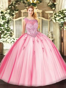 Comfortable Pink Sleeveless Floor Length Beading and Appliques Zipper Ball Gown Prom Dress
