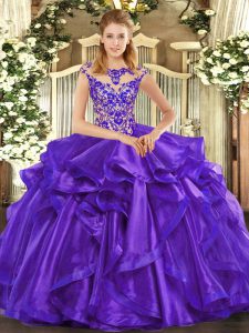  Scoop Cap Sleeves Organza 15th Birthday Dress Beading and Ruffles Lace Up