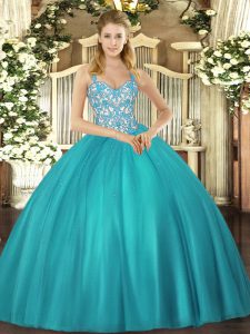 Floor Length Ball Gowns Sleeveless Teal Quinceanera Gown Lace Up