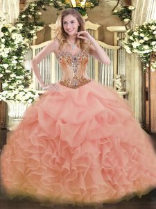  Floor Length Peach 15 Quinceanera Dress Organza Sleeveless Beading and Ruffles and Pick Ups