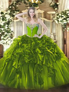 Classical Olive Green Organza Lace Up Sweetheart Sleeveless Floor Length Sweet 16 Dresses Beading and Ruffles