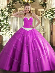 Deluxe Sweetheart Sleeveless Lace Up Quince Ball Gowns Fuchsia Tulle