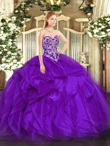 Stunning Purple Ball Gowns Sweetheart Sleeveless Organza Floor Length Lace Up Beading and Ruffles Sweet 16 Dresses