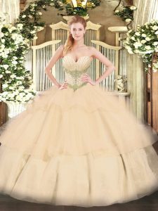 Spectacular Champagne Lace Up 15th Birthday Dress Beading and Ruffled Layers Sleeveless Floor Length