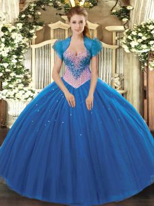 Extravagant Blue Sleeveless Tulle Lace Up 15 Quinceanera Dress for Military Ball and Sweet 16