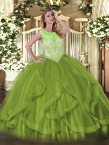  Olive Green Tulle Lace Up Scoop Sleeveless Floor Length Sweet 16 Quinceanera Dress Beading and Ruffles
