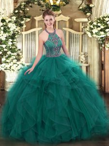 High Class Halter Top Sleeveless Ball Gown Prom Dress Floor Length Beading and Ruffles Teal Tulle