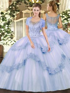 Fashion Lavender Tulle Clasp Handle Scoop Sleeveless Floor Length Quinceanera Gown Beading and Appliques