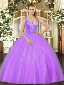  Sleeveless Floor Length Beading Lace Up Sweet 16 Quinceanera Dress with Lavender