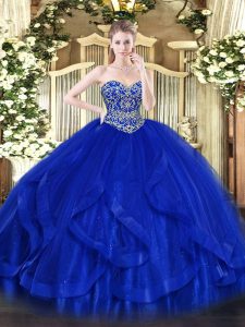 Edgy Royal Blue Tulle Lace Up 15th Birthday Dress Sleeveless Floor Length Ruffles