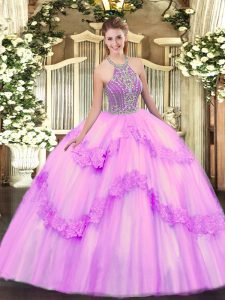 Beauteous Tulle Halter Top Sleeveless Lace Up Beading and Appliques Quinceanera Dress in Lilac