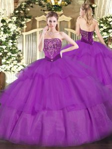 On Sale Purple Ball Gowns Beading and Ruffled Layers Vestidos de Quinceanera Lace Up Tulle Sleeveless Floor Length