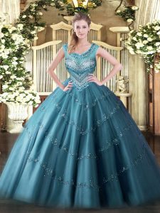 Enchanting Sleeveless Floor Length Beading and Appliques Lace Up Vestidos de Quinceanera with Teal 