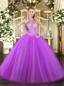  Floor Length Purple Quince Ball Gowns Tulle Sleeveless Sequins