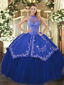 Stylish Blue Lace Up Halter Top Beading and Embroidery Ball Gown Prom Dress Tulle Sleeveless