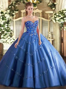  Appliques and Embroidery Quinceanera Gowns Blue Lace Up Sleeveless Floor Length