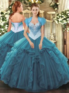High End Teal Lace Up Vestidos de Quinceanera Beading and Ruffles Sleeveless Floor Length