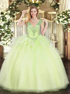 Sexy V-neck Sleeveless Quinceanera Gown Floor Length Beading Yellow Green Tulle
