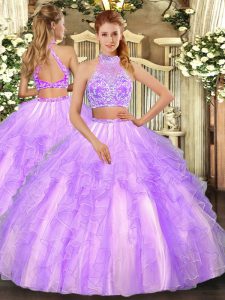 Spectacular Halter Top Sleeveless Sweet 16 Dresses Floor Length Beading and Ruffled Layers Lavender Tulle