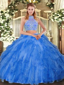 Latest Sleeveless Tulle Floor Length Criss Cross Quince Ball Gowns in Teal with Beading and Ruffles