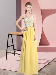  Yellow Chiffon Zipper V-neck Sleeveless Floor Length Prom Gown Lace