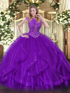 High Quality Scoop Sleeveless Tulle 15 Quinceanera Dress Beading and Ruffles Zipper