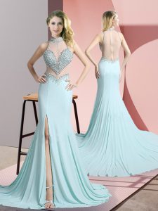 Customized Aqua Blue Prom Party Dress Chiffon Sweep Train Sleeveless Beading