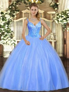 Dynamic Blue Sleeveless Tulle Lace Up Vestidos de Quinceanera for Military Ball and Sweet 16 and Quinceanera