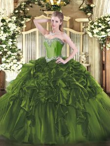 Customized Olive Green Lace Up Sweet 16 Quinceanera Dress Beading and Ruffles Sleeveless Floor Length