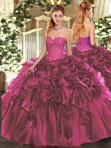 Edgy Burgundy Ball Gowns Sweetheart Sleeveless Organza Floor Length Lace Up Beading and Ruffles Quinceanera Gowns