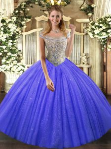 Shining Floor Length Lace Up 15 Quinceanera Dress Blue for Sweet 16 and Quinceanera with Beading
