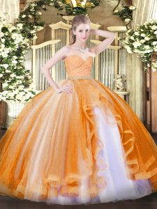  Sleeveless Floor Length Beading and Lace and Ruffles Zipper 15 Quinceanera Dress with Orange