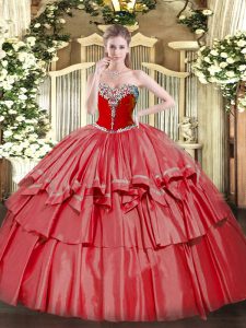 Pretty Coral Red Sleeveless Floor Length Beading and Ruffled Layers Lace Up Sweet 16 Dress