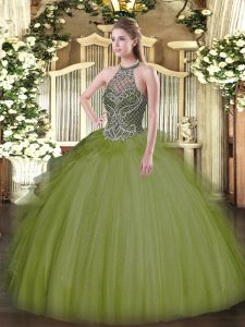 Fantastic Olive Green Sleeveless Tulle Lace Up 15 Quinceanera Dress for Sweet 16 and Quinceanera