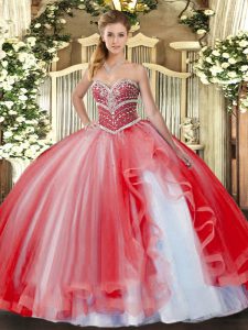  Coral Red Sleeveless Floor Length Beading and Ruffles Lace Up Quinceanera Gowns